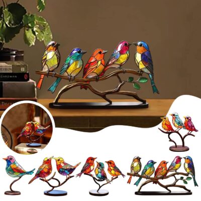 Stained Birds On Branch Desktop Ornaments