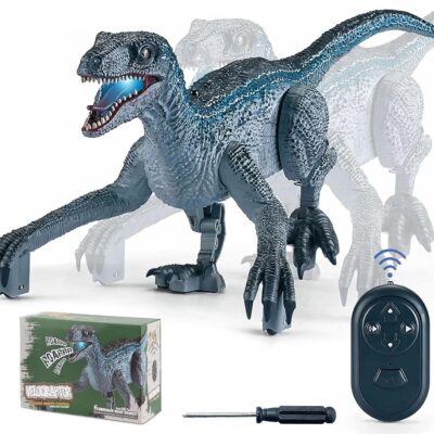 Remote Control Dinosaur Toys, Electric Walking Dinosaur Toy For Boys, Jurassic Velociraptor Toys With Realistic Simulation Sounds And Light For 3-7 Years Kids Gifts-Grey