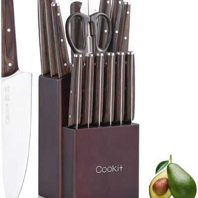 Kitchen Knife Sets, 15 Piece Knife Sets with Block for Kitchen Chef Knife Stainless Steel Knives Set Serrated Steak Knives with Manual Sharpener Knife Amazon Platform Banned