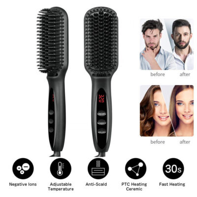 2 in1 Hair Straightener Brush Heating Beard Clip Comb Styler Electric Ionic Straightening Brush