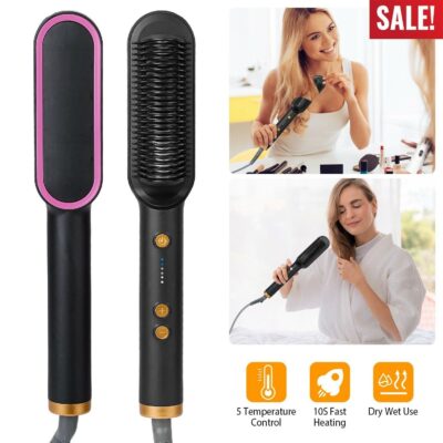 2-in-1 Electric Hair Straightener Brush Hot Comb Adjustment Heat Styling Curler